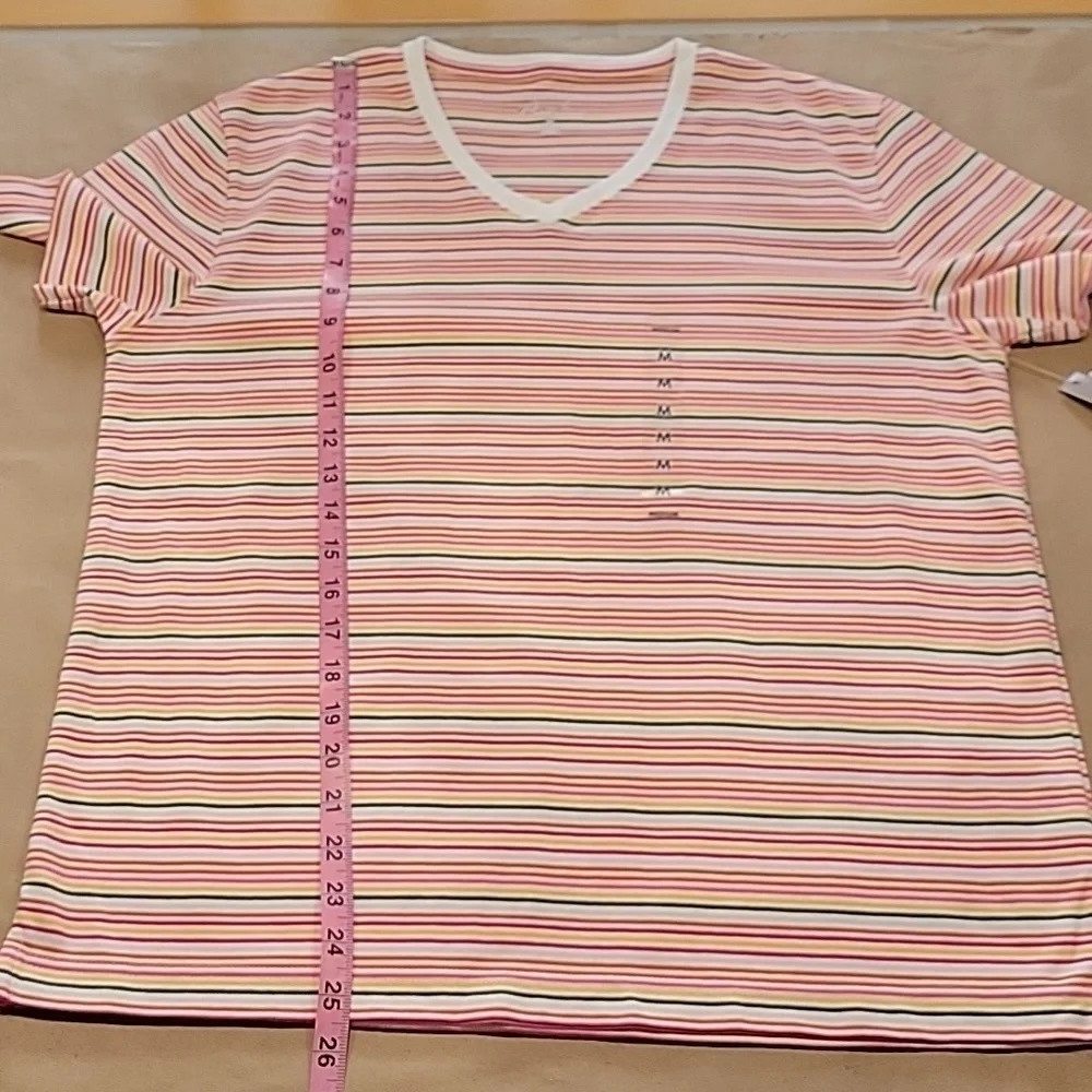 Kim Rogers Size M Multi Color Stripe V Neck Short Sleeve T Shirt, NEW with Tags